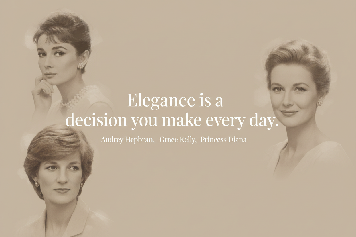 Create a high quality, editorial-style image featuring a minimal beige background with a refined layout. Add an elegant quote in clean serif font (Playfair Display) that says: “Elegance is a decision you make every day.”

Include subtle, tasteful portraits of iconic elegant women blended into the design. Think of timeless figures known for grace and refined presence such as Audrey Hepburn, Grace Kelly, or Princess Diana. Keep the portraits soft, artistic, and not overpowering. They should feel inspirational